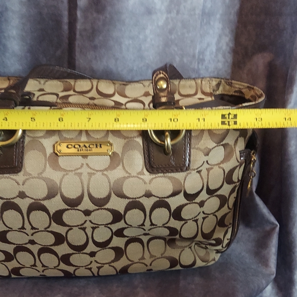 Coach Signature Demi Zip Shoulder Bag Khaki Brown Leather Jacquard Gold #19249 - Picture 9 of 12